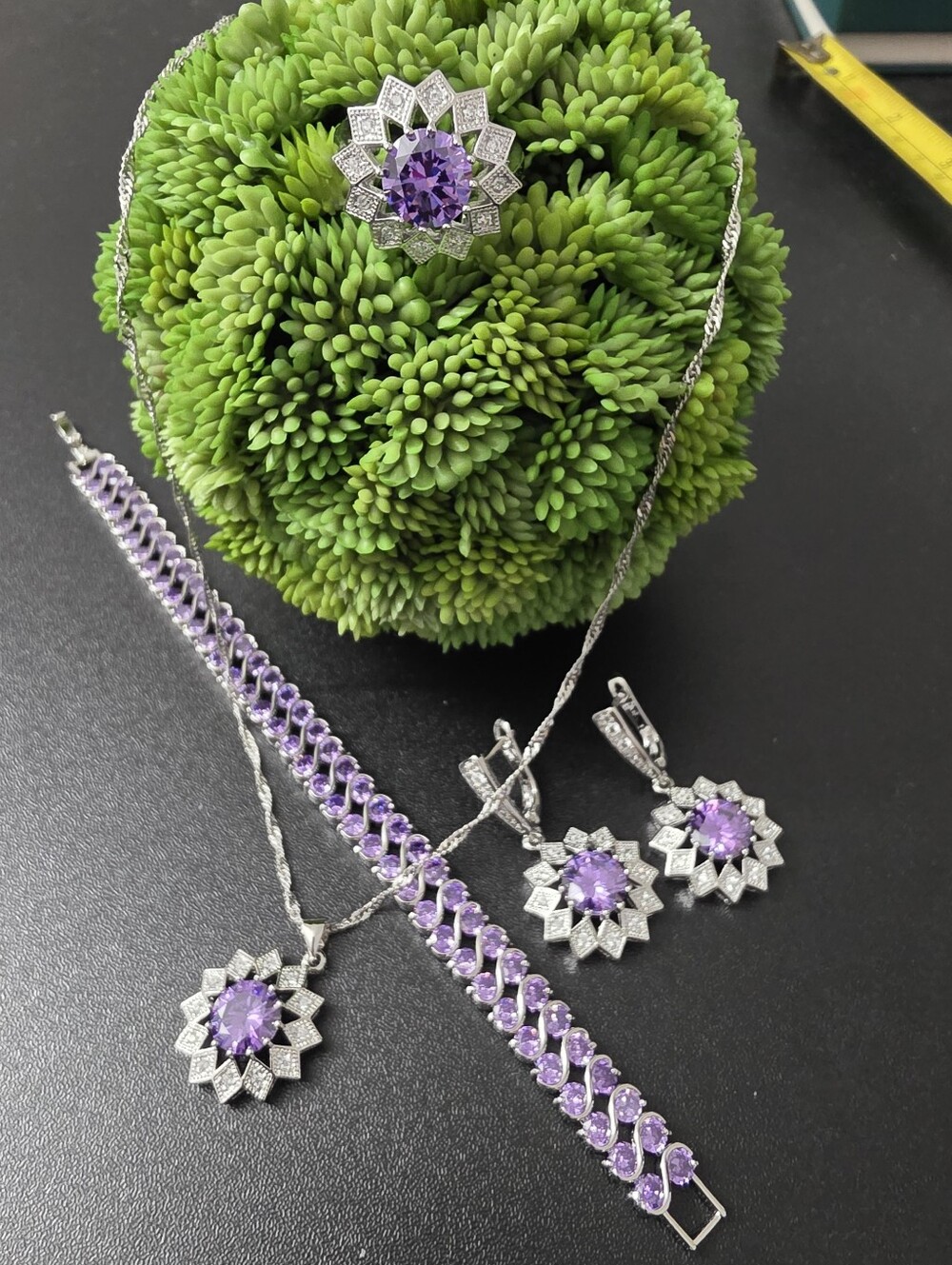 Watch Video / Sterling Silver 925 Amethyst Flower Necklace, Bracelet & Earring